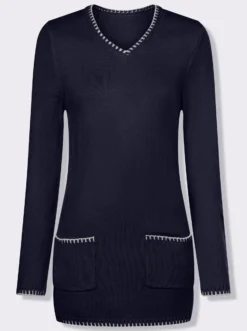 Longpullover kontrastfarbigen Ripp-Blenden