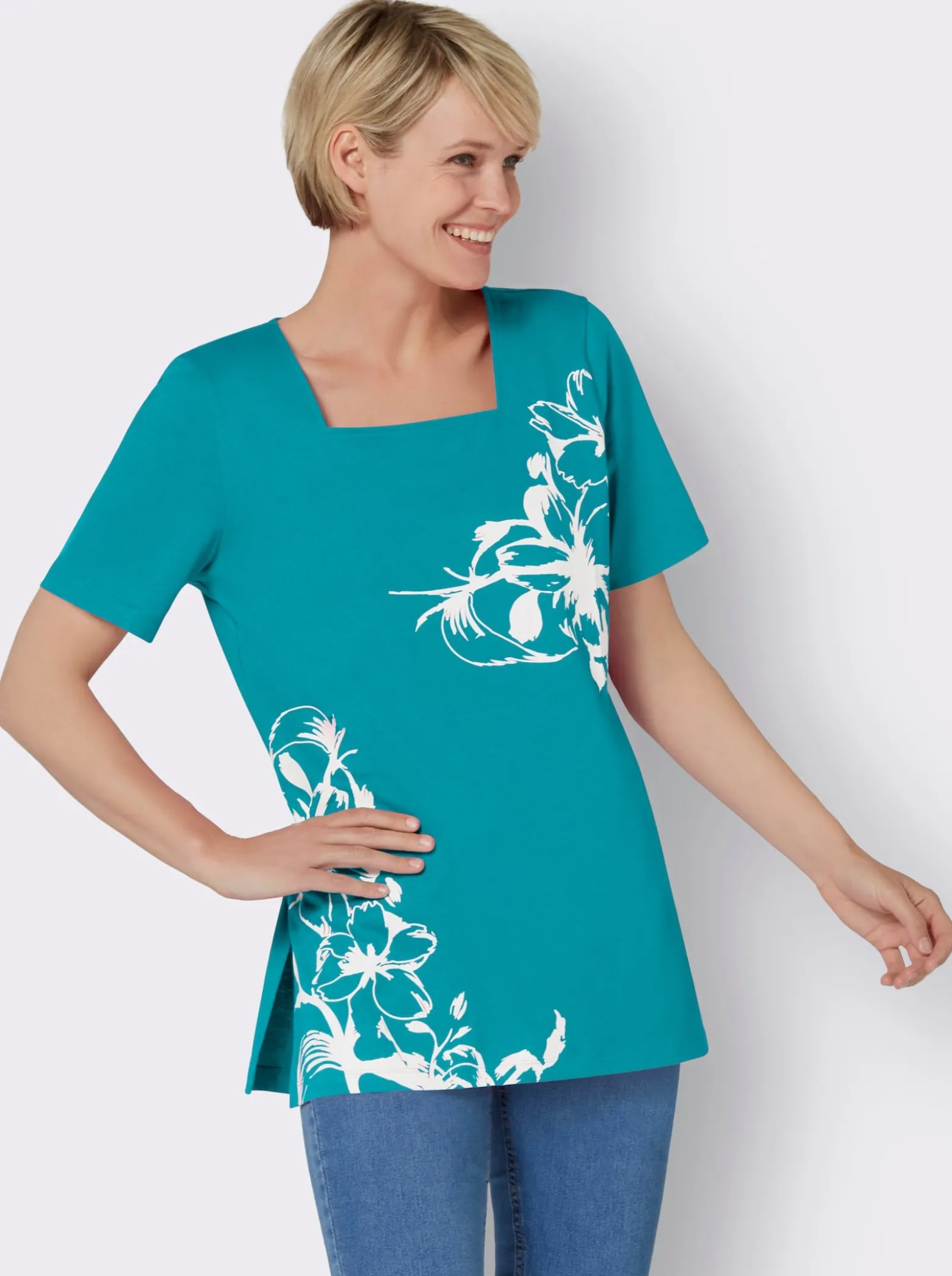 Longshirt mit Karree-Ausschnitt, floral