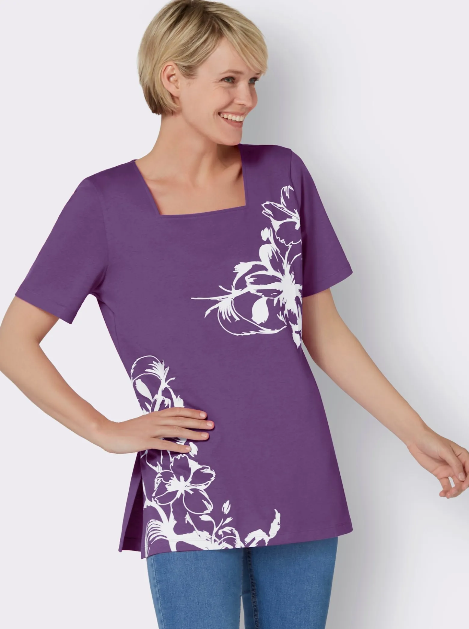 Longshirt mit Karree-Ausschnitt, floral