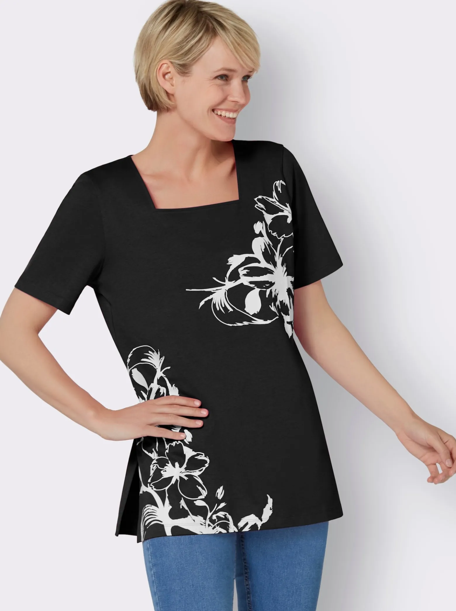 Longshirt mit Karree-Ausschnitt, floral