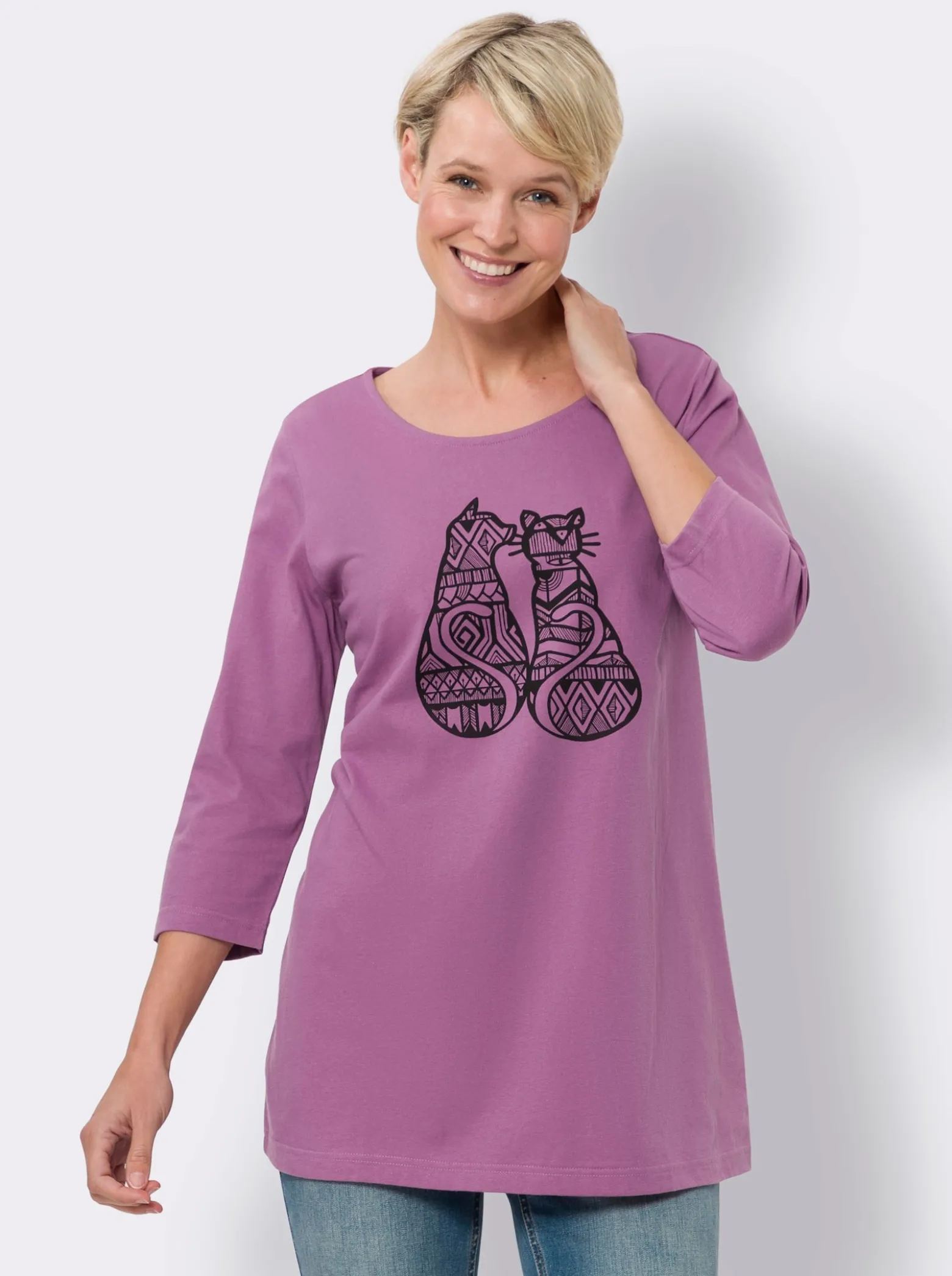 Longshirt mit Katzen-Print