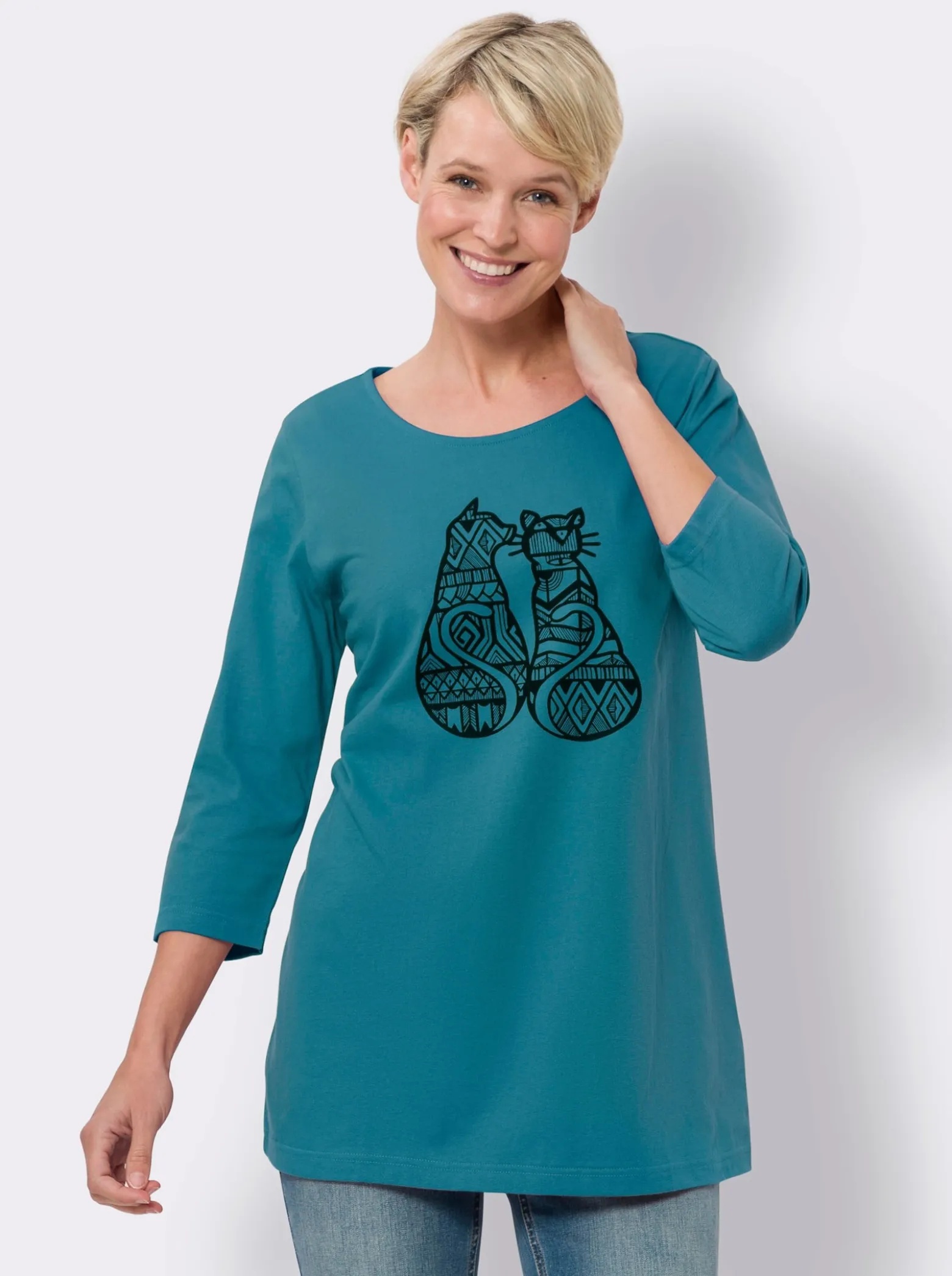 Longshirt mit Katzen-Print