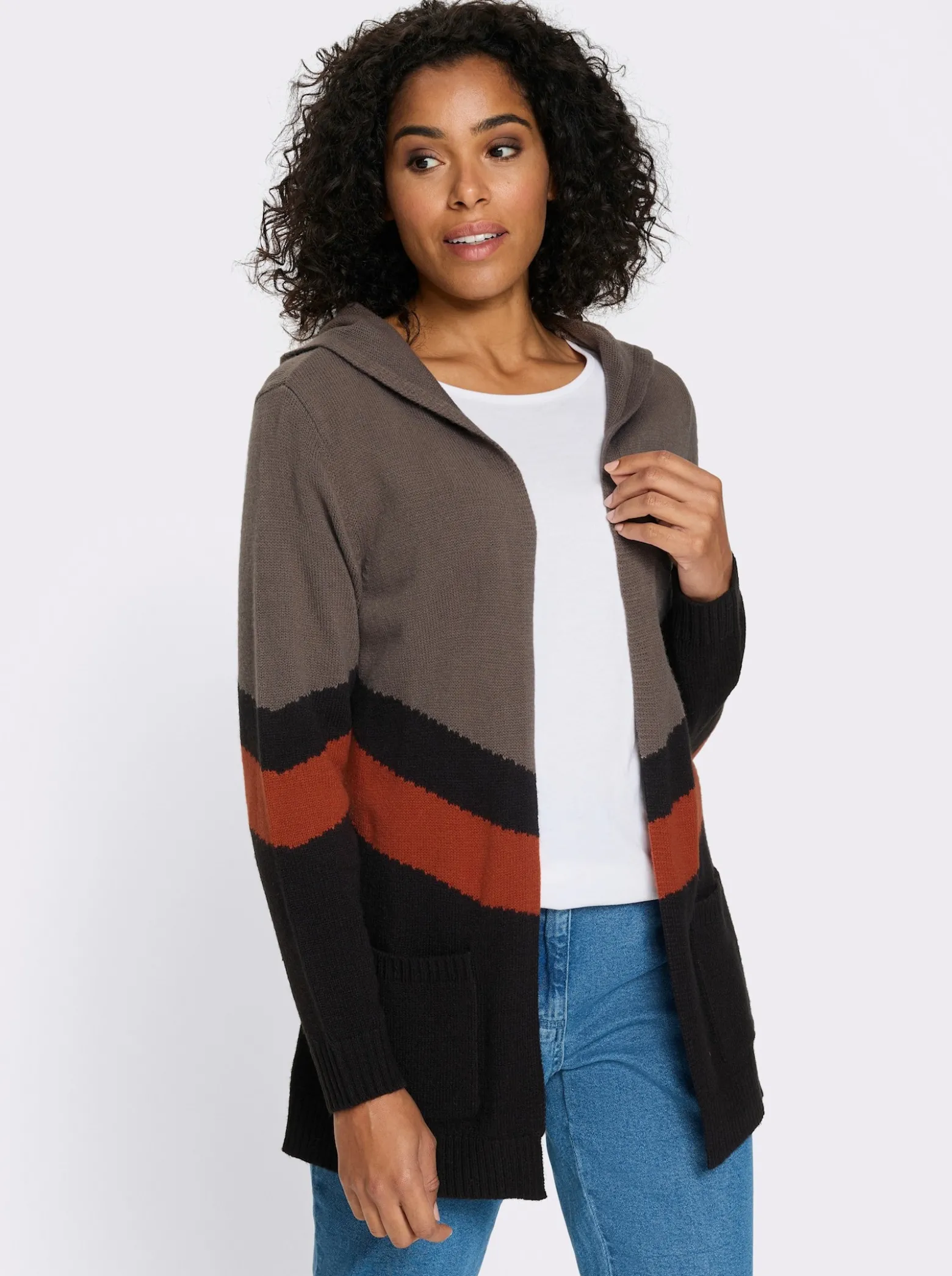 Longstrickjacke im Color-Blocking-Dessin