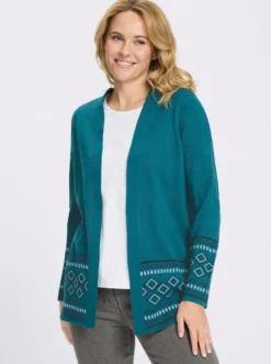 Longstrickjacke mit Bordüren-Muster