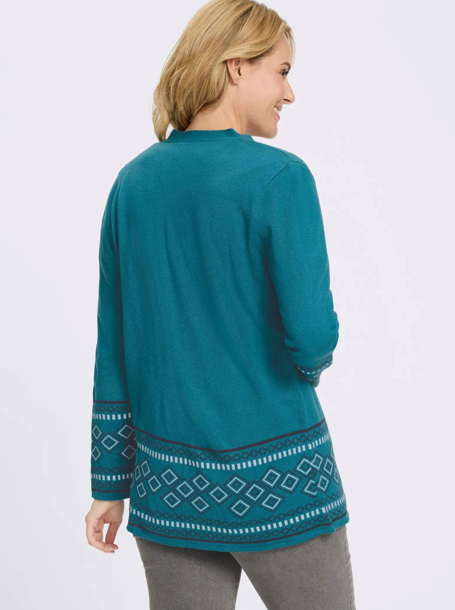 Longstrickjacke mit Bordüren-Muster