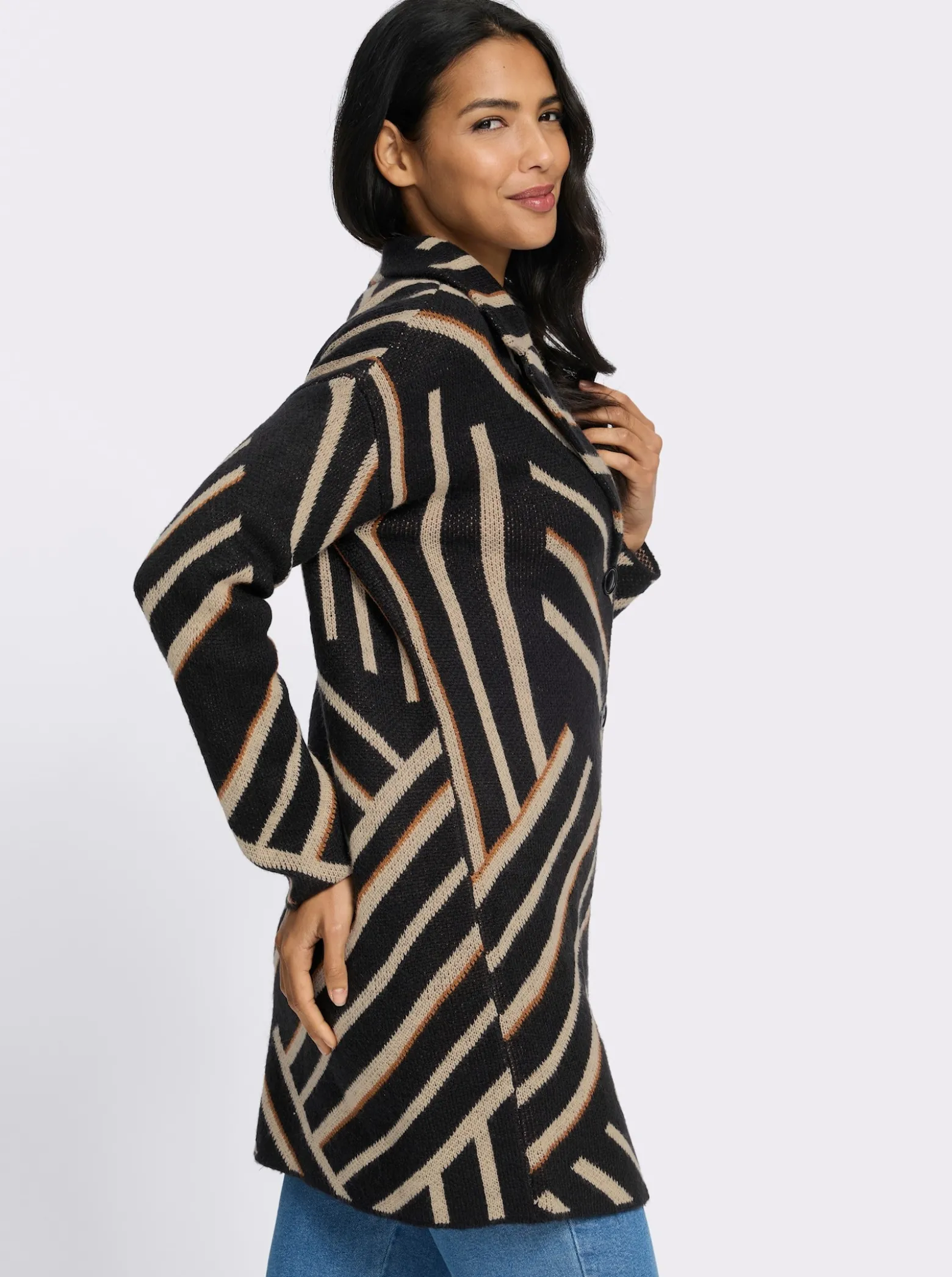 Longstrickjacke mit grafischem Jacquardmuster