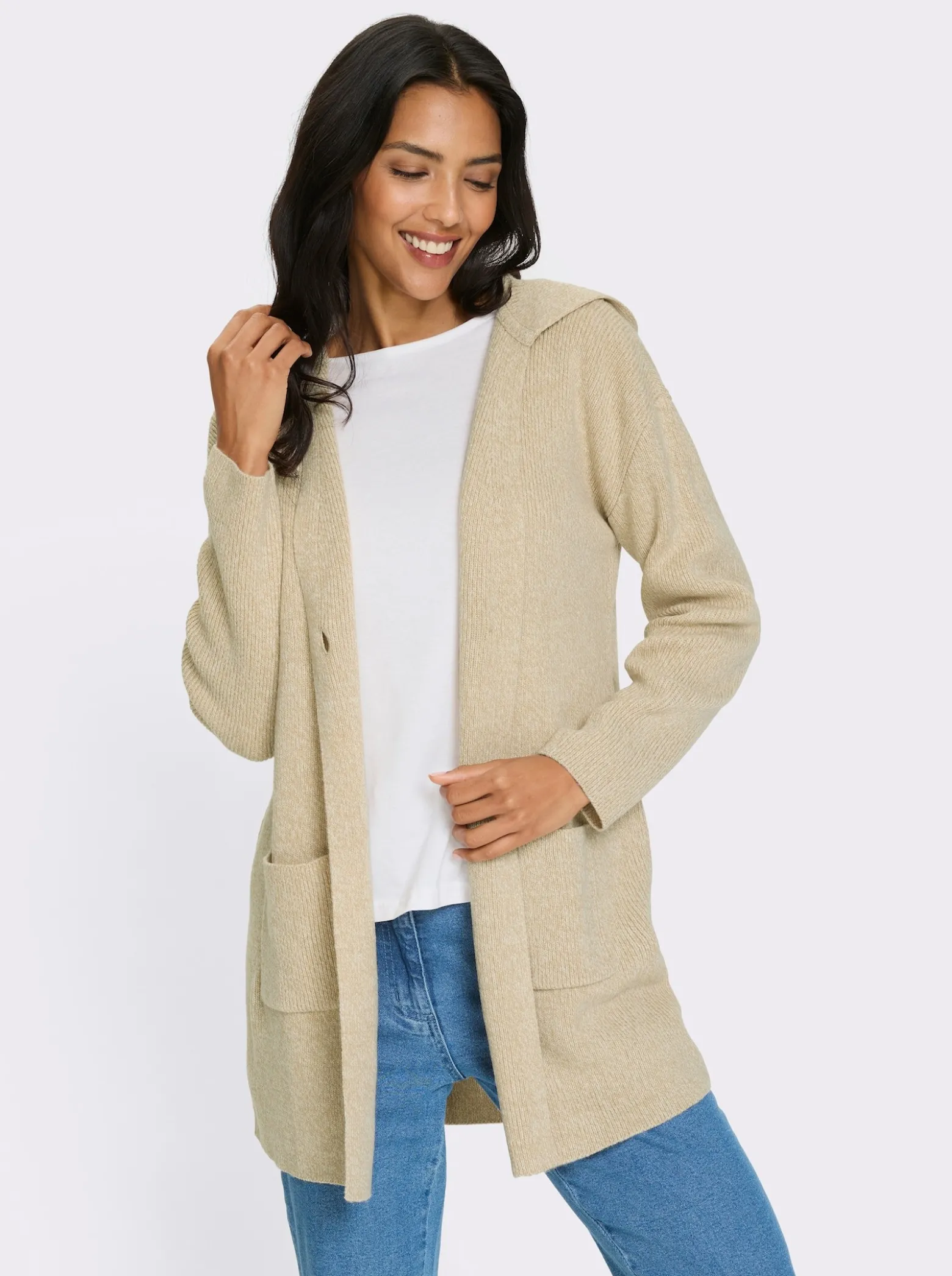 Longstrickjacke mit Kapuze