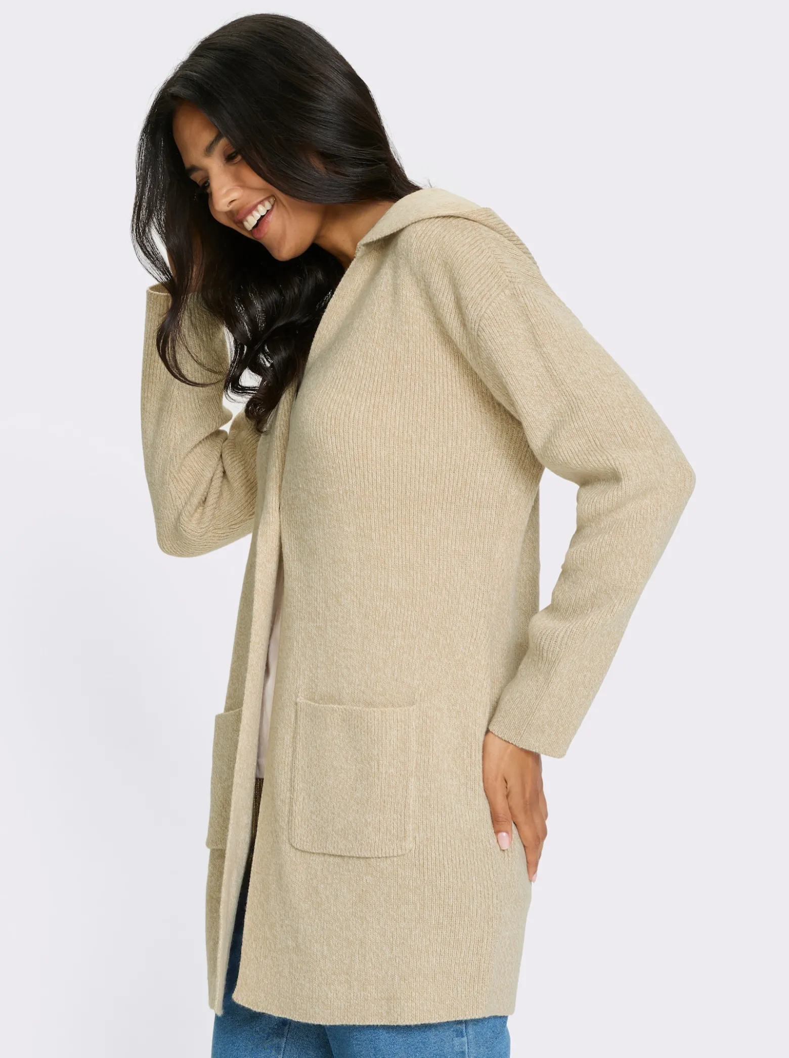 Longstrickjacke mit Kapuze