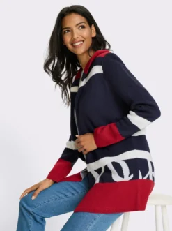 Longstrickjacke mit Kapuze, Jacquard