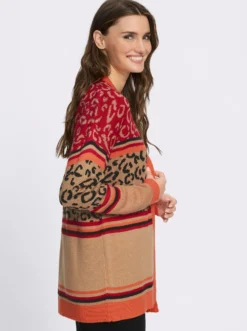 Longstrickjacke mit Leo-Muster und Streifen