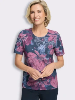 Rundhalsshirt mit Blätter-Muster allover
