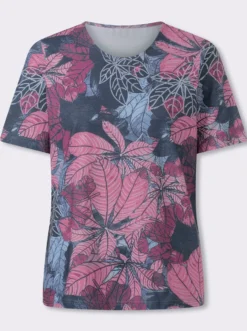 Rundhalsshirt mit Blätter-Muster allover