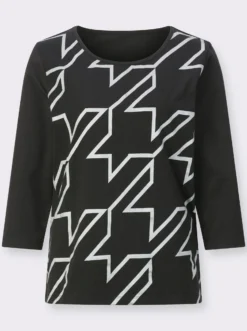 Rundhalsshirt mit Hahnentritt und Folienprint