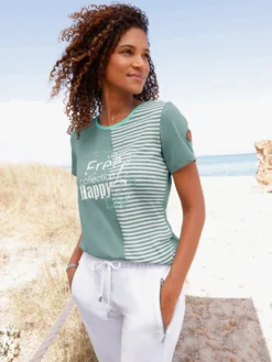 Rundhalsshirt mit Schriftzug und Streifen-Print