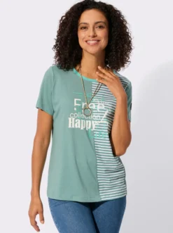 Rundhalsshirt mit Schriftzug und Streifen-Print