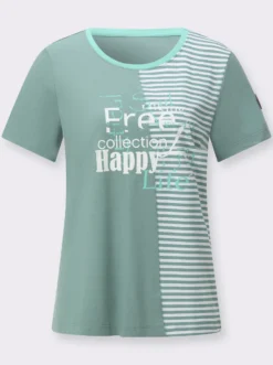 Rundhalsshirt mit Schriftzug und Streifen-Print