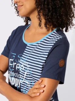 Rundhalsshirt mit Schriftzug und Streifen-Print