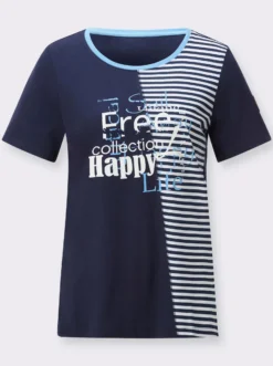 Rundhalsshirt mit Schriftzug und Streifen-Print