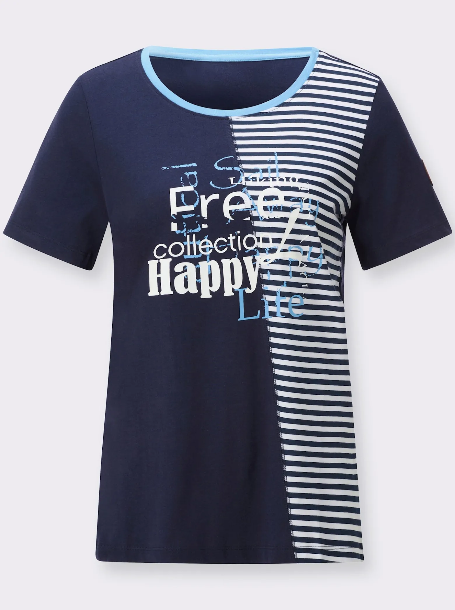 Rundhalsshirt mit Schriftzug und Streifen-Print