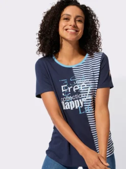 Rundhalsshirt mit Schriftzug und Streifen-Print