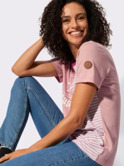 Rundhalsshirt mit Schriftzug und Streifen-Print