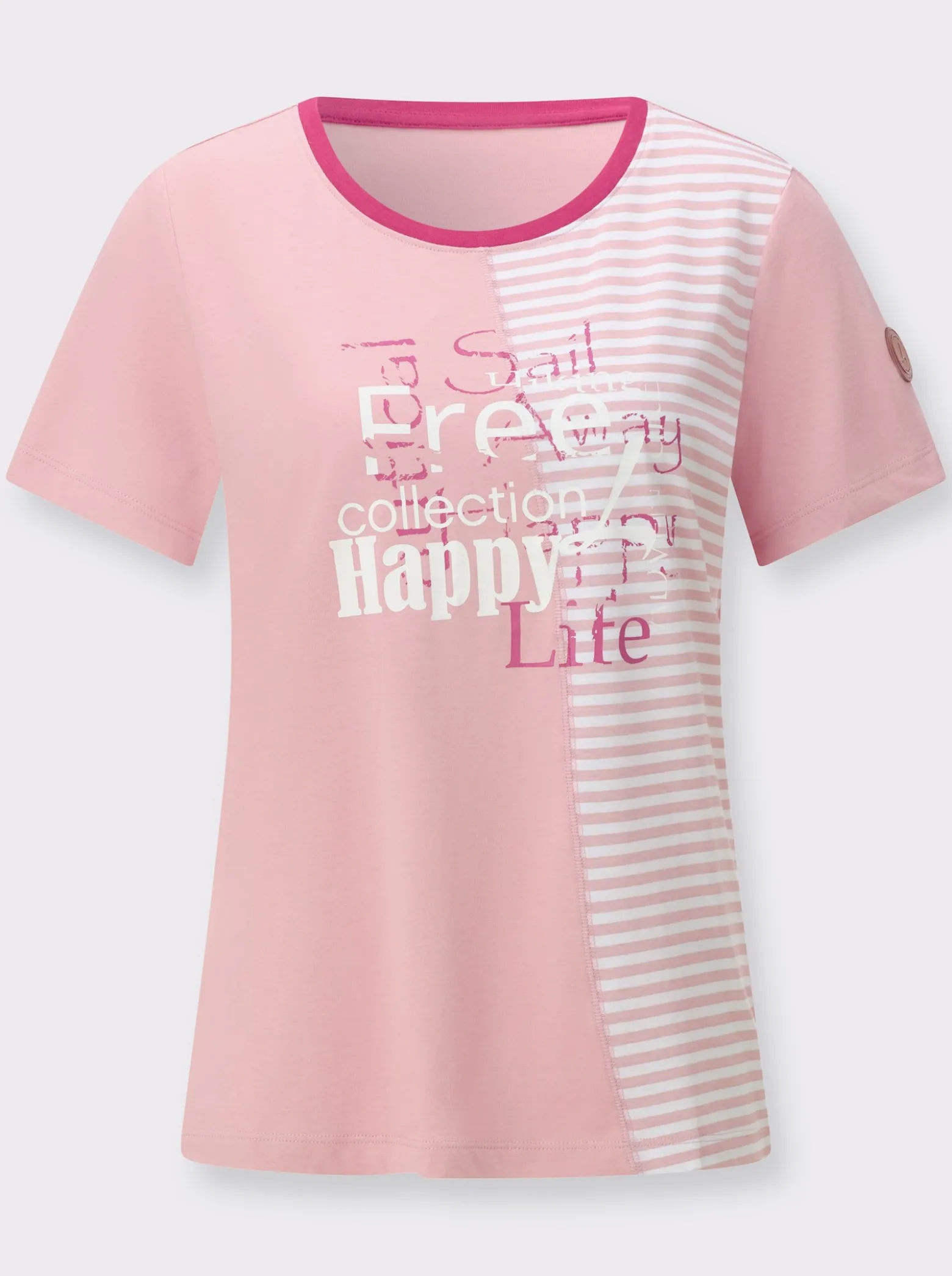 Rundhalsshirt mit Schriftzug und Streifen-Print