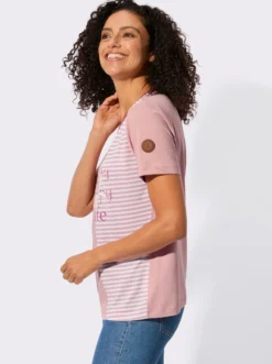 Rundhalsshirt mit Schriftzug und Streifen-Print