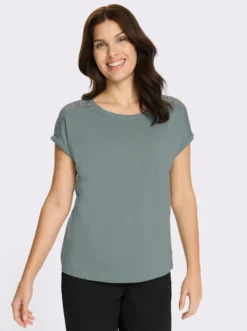 Rundhalsshirt mit Spitze an der Schulter