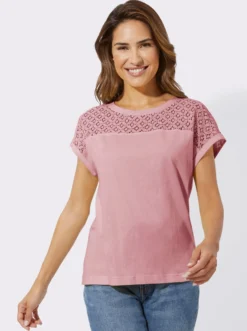 Rundhalsshirt mit Spitzen-Einsatz