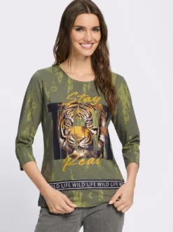 Rundhalsshirt mit Tiger-Motiv im Vorderteil