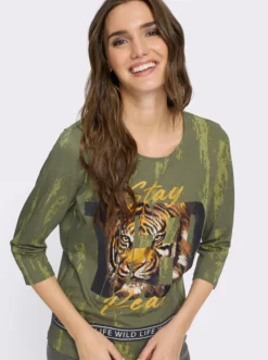 Rundhalsshirt mit Tiger-Motiv im Vorderteil
