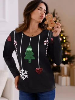 Rundhalsshirt mit Weihnachtsmotiv mit Pailletten