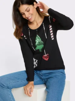 Rundhalsshirt mit Weihnachtsmotiv mit Pailletten