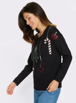 Rundhalsshirt mit Weihnachtsmotiv mit Pailletten
