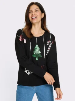 Rundhalsshirt mit Weihnachtsmotiv mit Pailletten