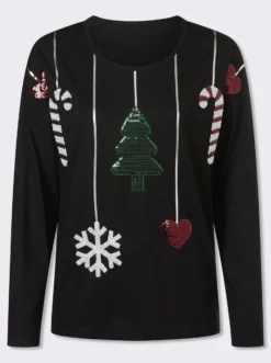 Rundhalsshirt mit Weihnachtsmotiv mit Pailletten