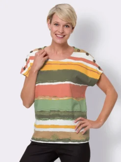 Rundhalsshirt mit Zierknöpfen
