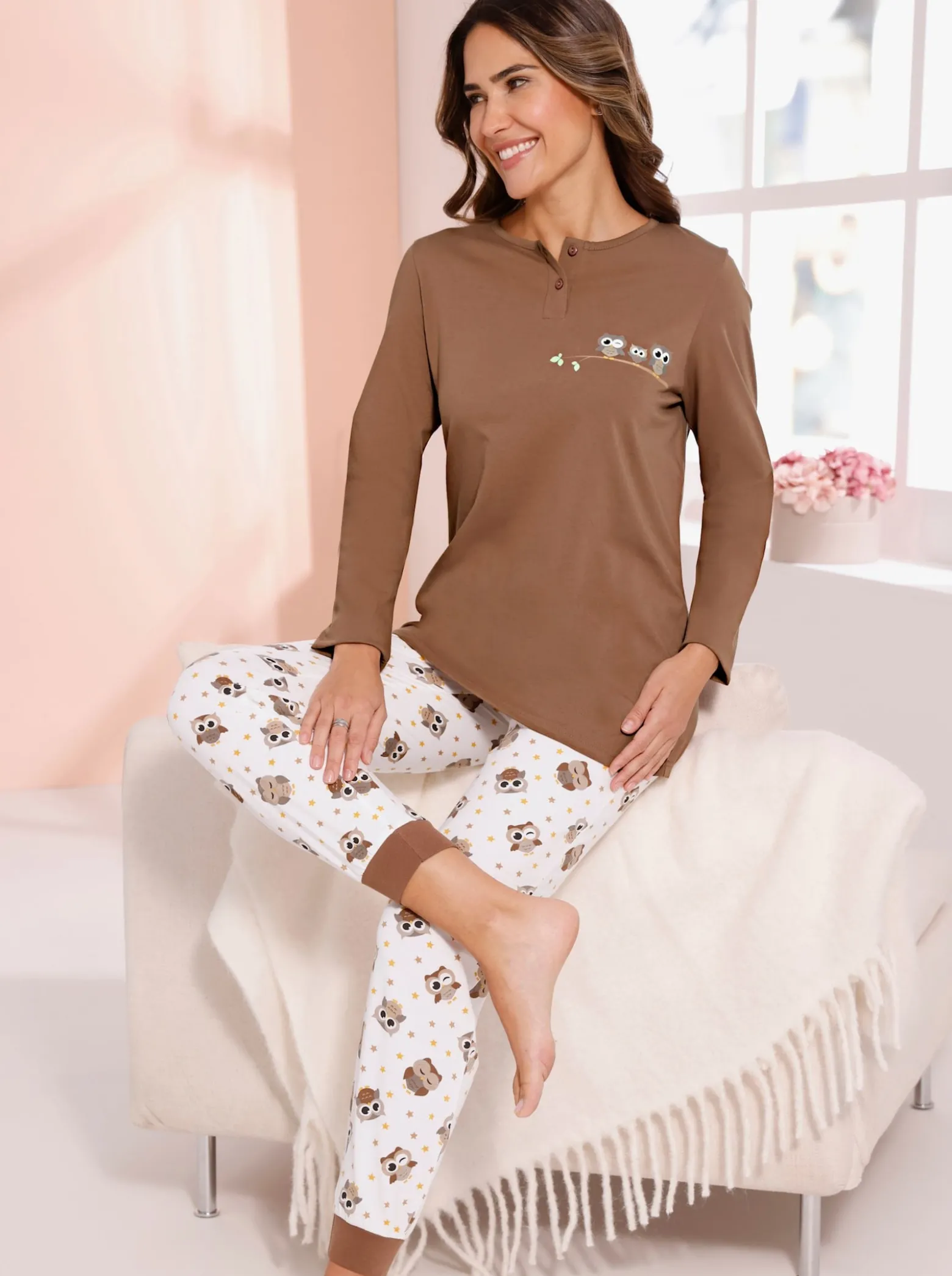 Schlafanzug Hose allover mit Eulen-Druck