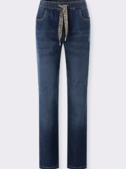 Schlupfjeans mit Bindeband im Leo-Dessin