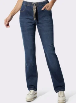 Schlupfjeans mit Bindeband im Leo-Dessin