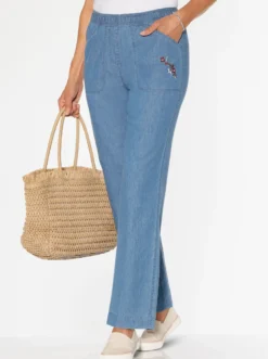Schlupfjeans mit Blüten-Stickerei