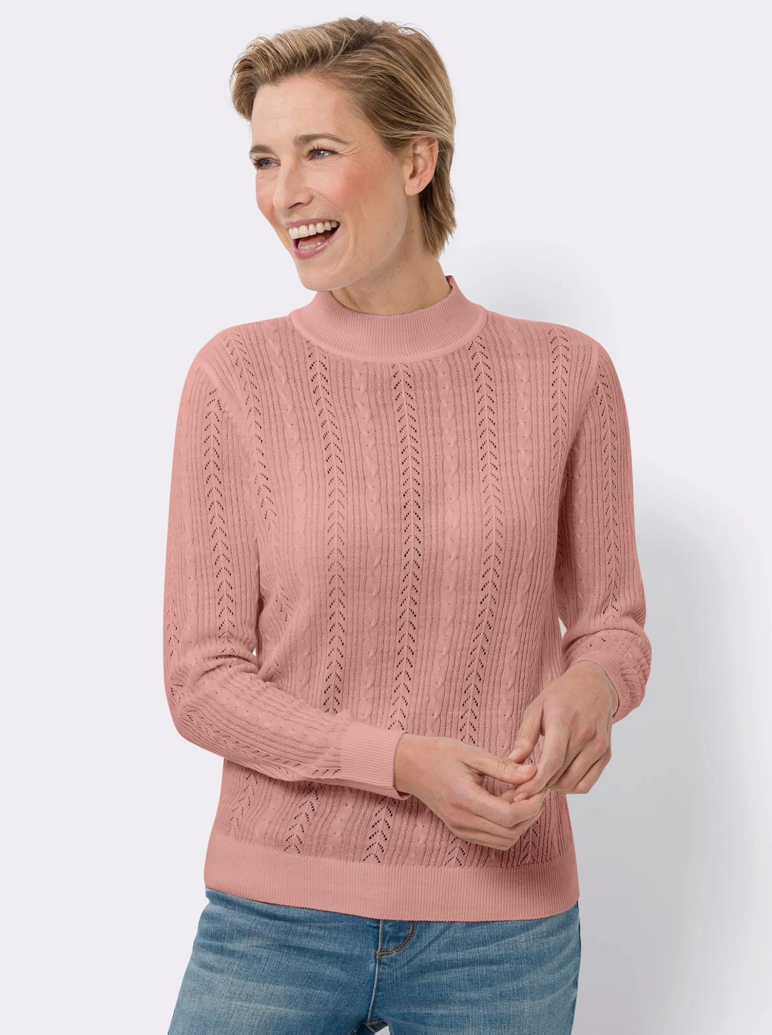 Stehkragenpullover mit Ajour-Muster