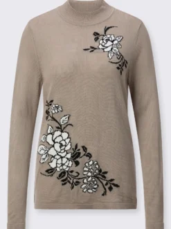 Stehkragenpullover mit floralem Intarsienmuster