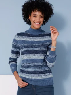 Stehkragenpullover mit Melange-Streifenmuster