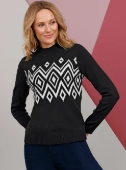 Stehkragenpullover mit Norweger-Muster