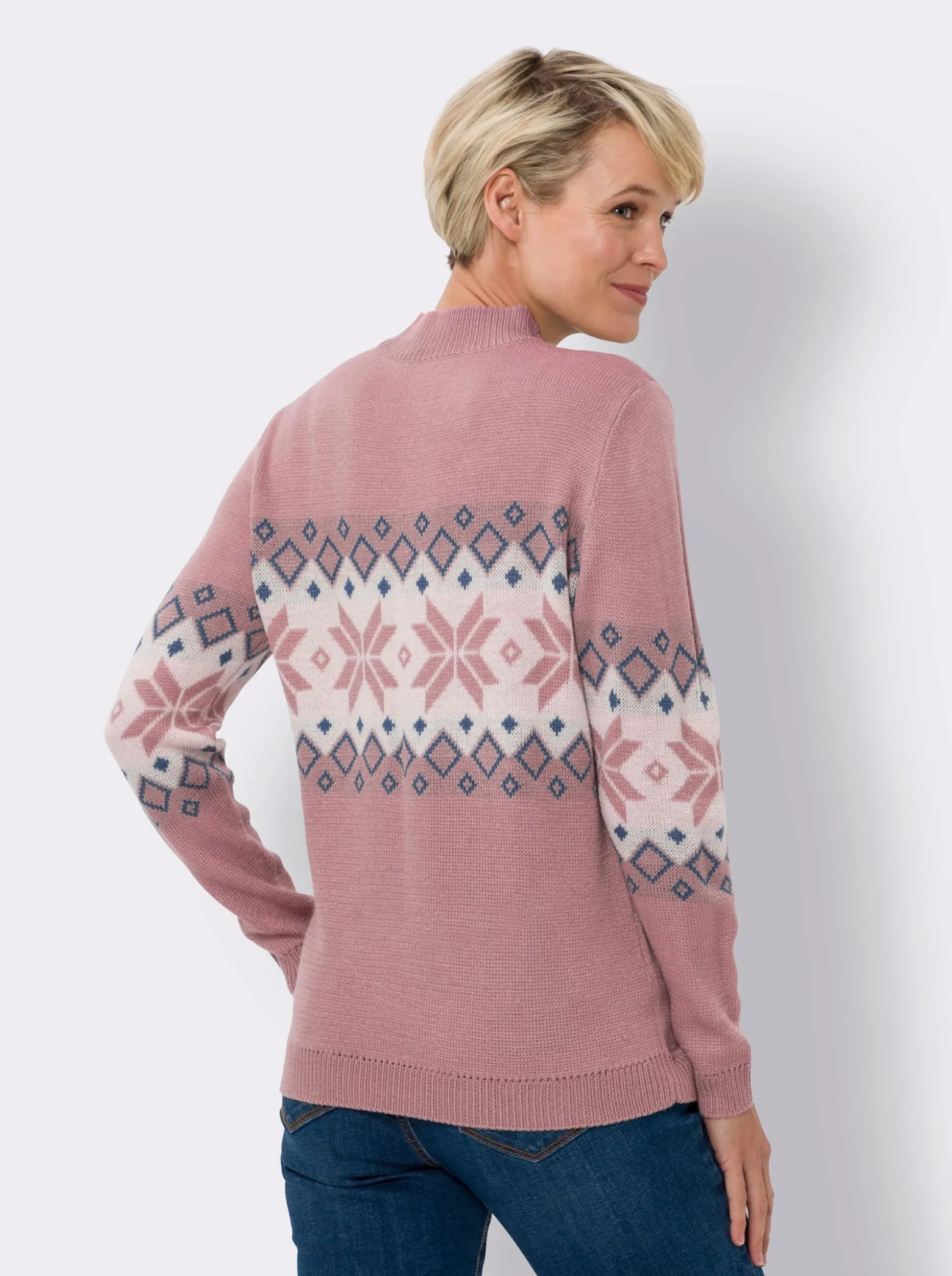 Stehkragenpullover mit Norweger-Muster