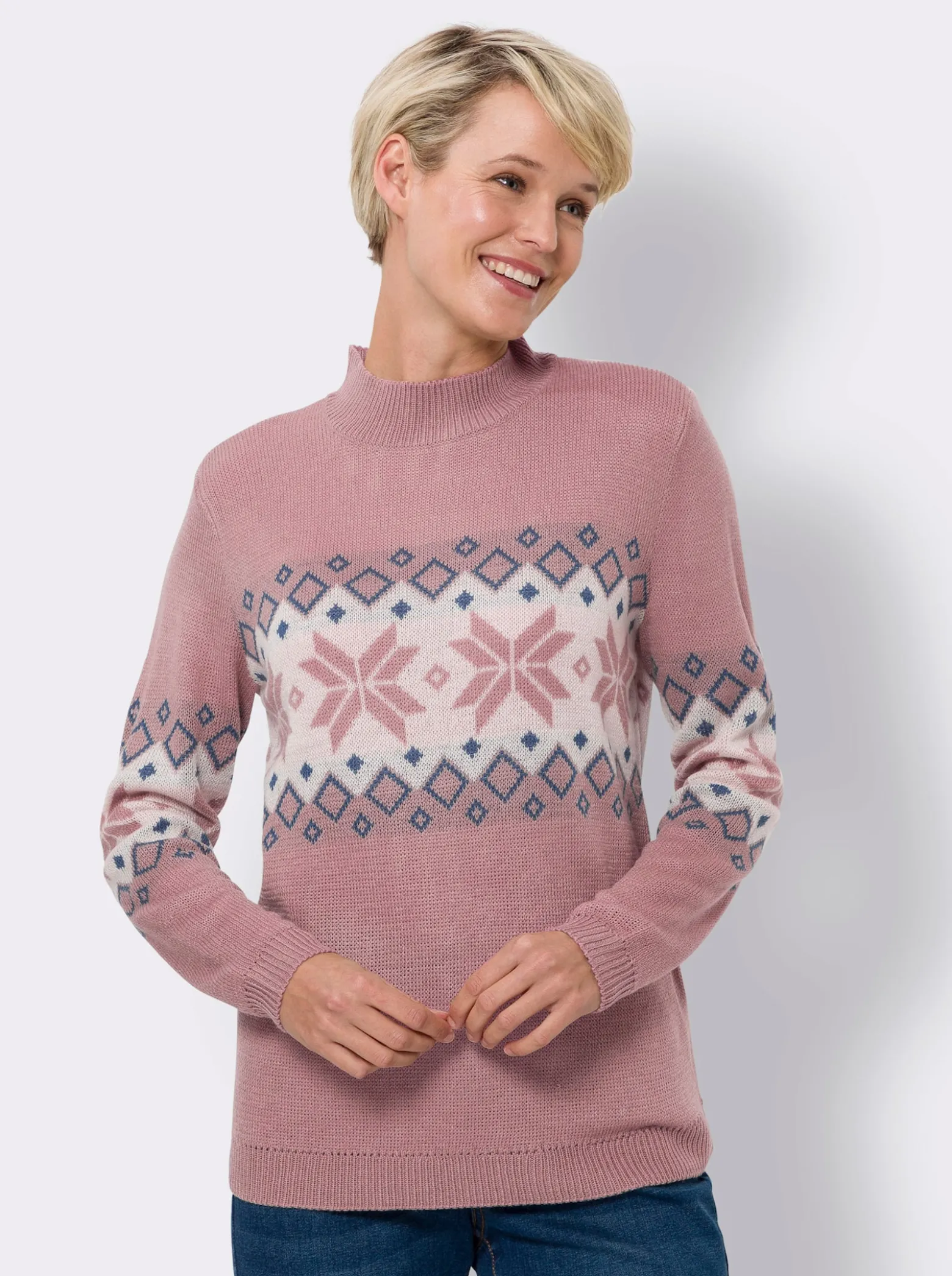 Stehkragenpullover mit Norweger-Muster