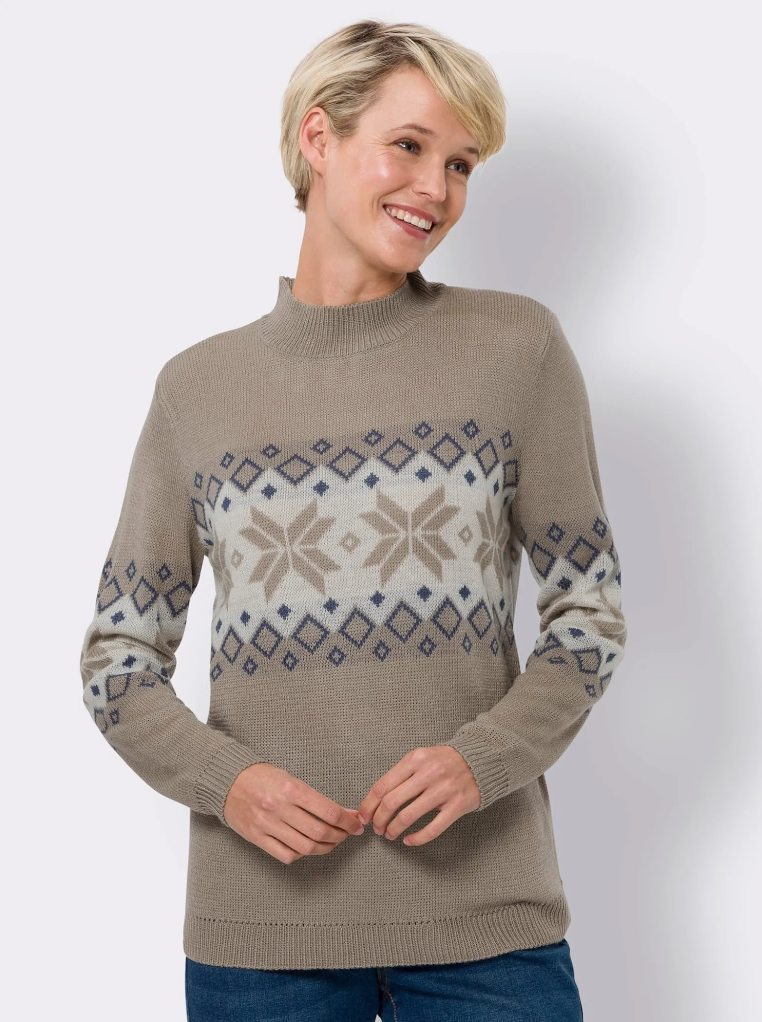 Stehkragenpullover mit Norweger-Muster