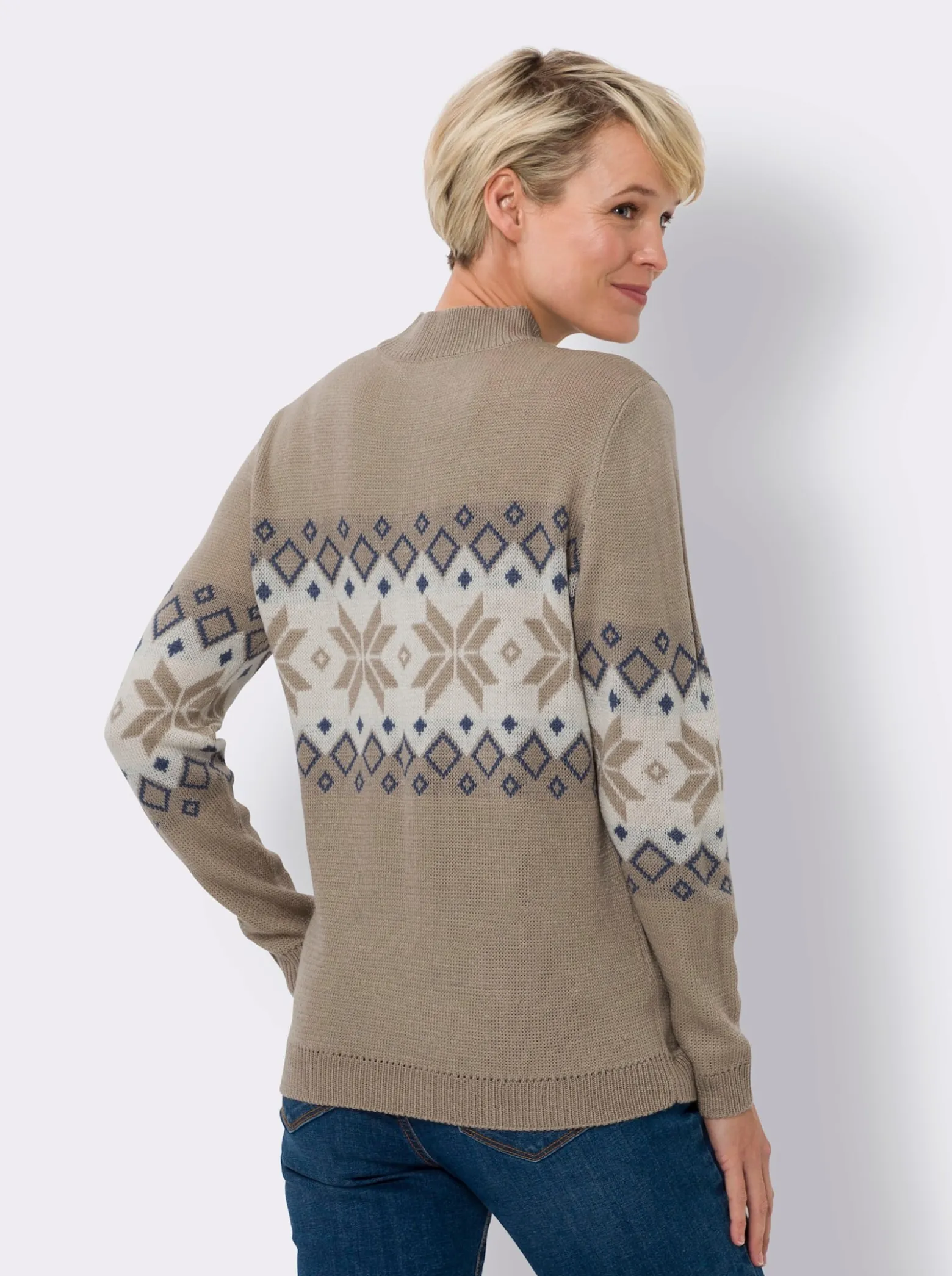 Stehkragenpullover mit Norweger-Muster