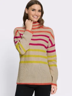 Stehkragenpullover mit Streifen in Leuchtfarben